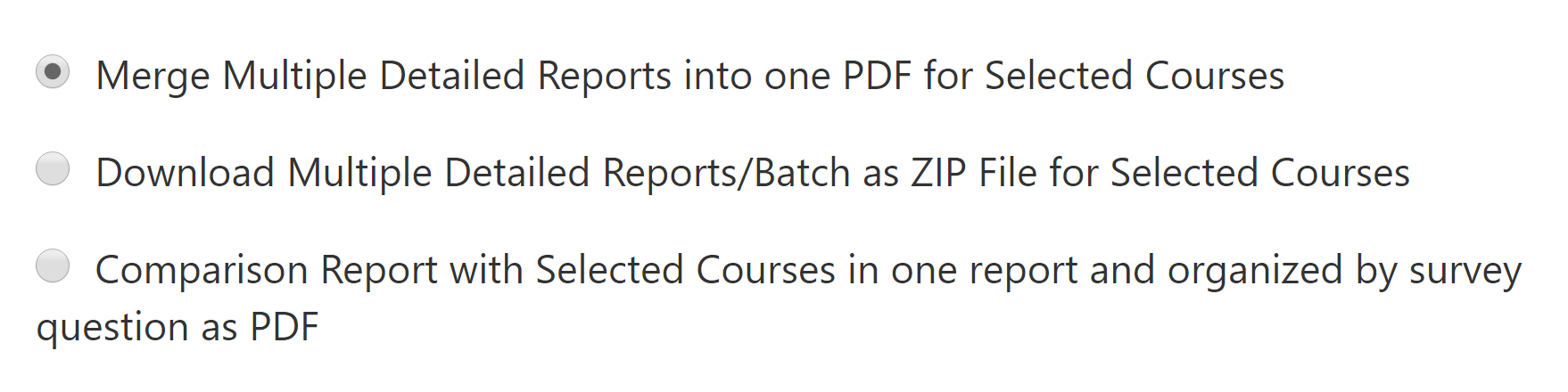 The Batch Report options showing Merge Multiple Detailed Reports into one PDF selected, with additional options for downloading multiple reports as a ZIP file and creating a comparison report.