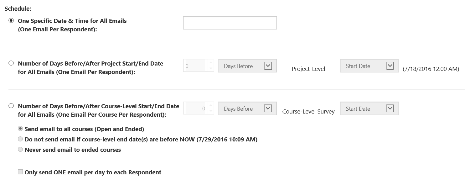 The Schedule section showing options for sending one specific email at a set date and time, sending emails based on project‑level start or end dates, or sending emails based on course‑level start or end dates. Additional options allow sending to all courses, skipping ended courses, or never sending to ended courses, with a checkbox for sending only one email per day to each respondent.