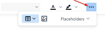 The Message editor toolbar showing an expanded menu with options for table, image, and Placeholders, with the more‑options button highlighted.