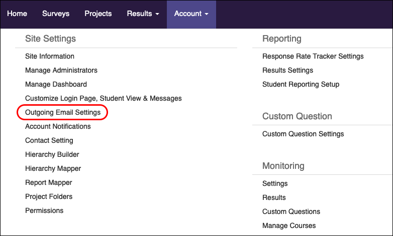 The Site Settings panel under the Account menu showing a list of administrative options, with the Outgoing Email Settings link highlighted.