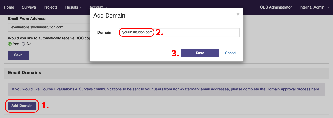 The Add Domain panel showing an Add Domain button opening a dialog with a Domain field filled in and Save and Cancel buttons.