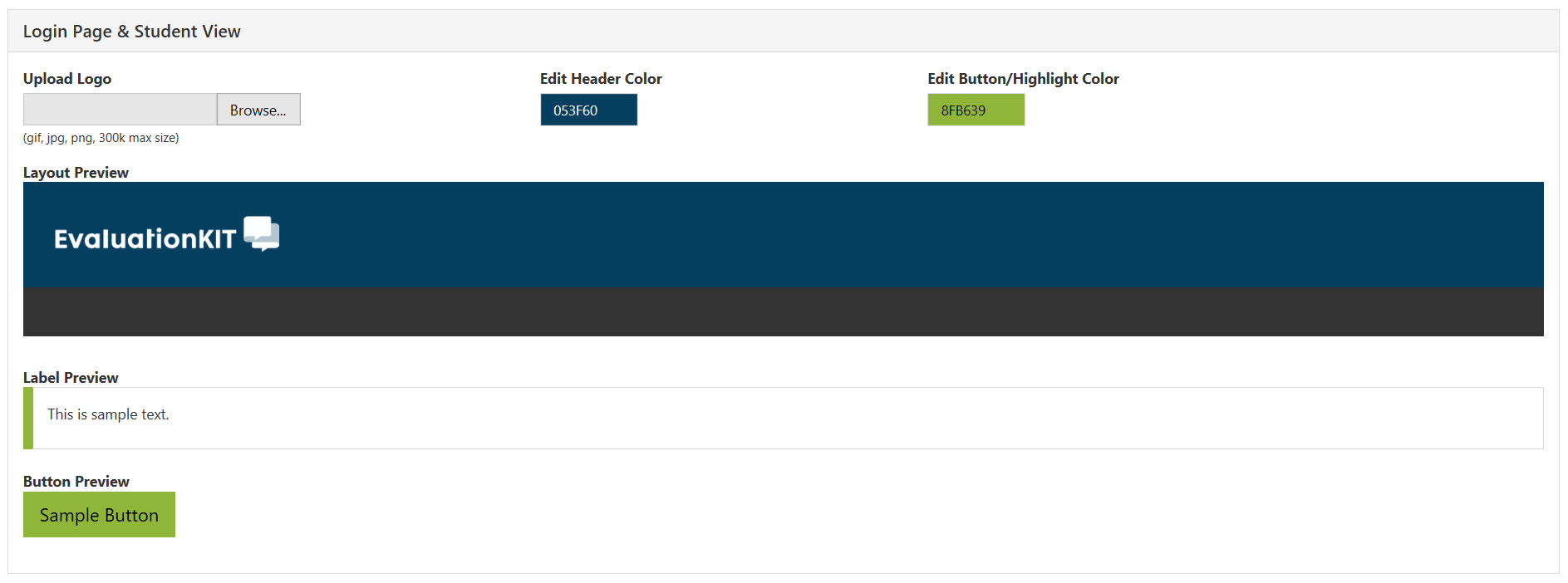A customization page showing options to upload a logo, edit header and button colors, and preview the layout, label, and button appearance for the login page and student view.