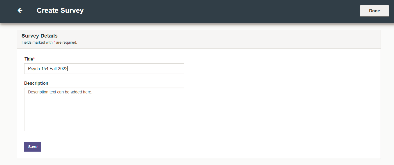 The Create Survey page showing a basic survey details form with title and description fields, a Save button at the bottom, and navigation controls in the header.