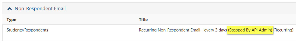 The Non‑Respondent Email section showing a row for Students/Respondents. Title column shows Recurring Non‑Respondent Email – every 3 days with Stopped By API Admin highlighted.
