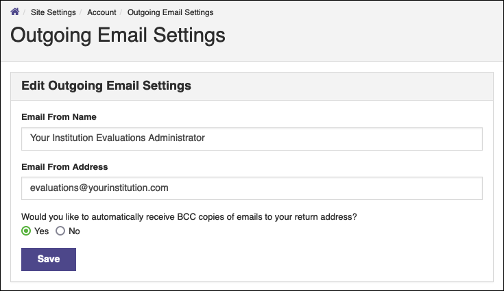 The Outgoing Email Settings page showing fields for Email From Name and Email From Address, a Yes/No option to receive BCC copies of outgoing emails, and a Save button.