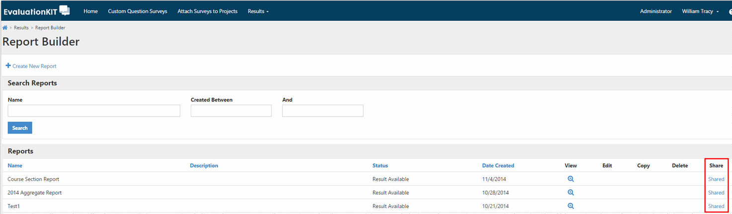 The Report Builder page showing a list of available reports with status indicators and the Share option highlighted in the actions column.