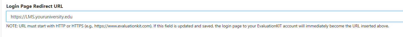 A login page redirect settings section showing a field for entering a redirect URL along with a note explaining URL format requirements.