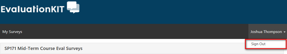 A navigation header showing the EvaluationKIT logo, menu options, and the logged‑in user’s name with a highlighted sign‑out option.