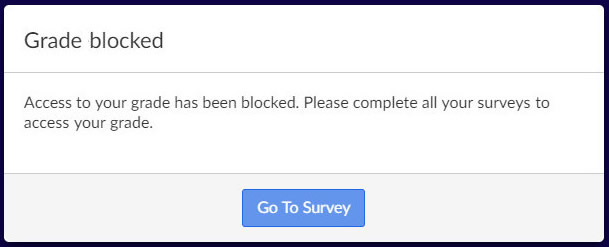 The Grade blocked message showing text about grade access being blocked until surveys are completed, with a Go To Survey button.