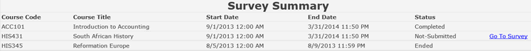 The Survey Summary table showing course code, course title, start and end dates, and status for three courses, with a Go To Survey link appearing in the status column for one course.