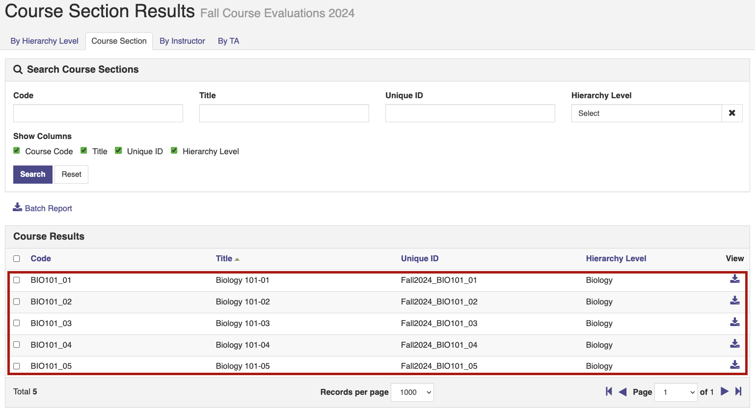 The Course Section Results page showing search fields for code, title, unique ID, and hierarchy level, along with column‑visibility checkboxes and Search and Reset buttons. The course‑results table below showing five Biology 101 sections with code, title, unique ID, hierarchy level, row‑selection checkboxes, and download icons.