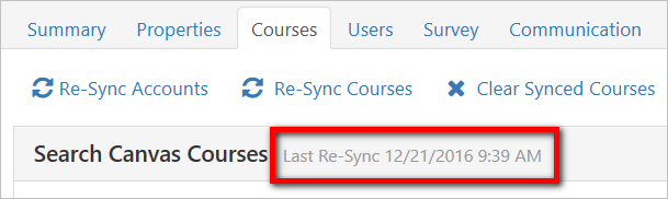 The page showing the Courses tab with the Last Re‑Sync timestamp highlighted above the course‑sync options.