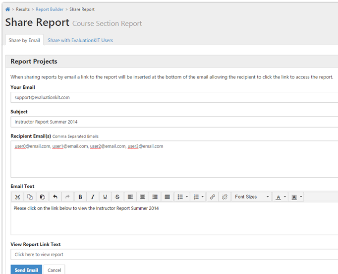 The Share Report page showing email sharing fields for a course section report, including subject, recipient email addresses, message text, and a Send Email option.