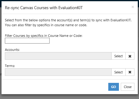 A sync window showing options to re‑sync Canvas courses with EvaluationKIT [Course Evaluations & Surveys ], including fields for filtering courses, selecting accounts and terms, and buttons to proceed or close.