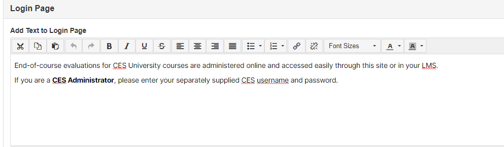 A login page editor showing a rich‑text field for adding custom text to the login page, along with formatting options and example instructional text.