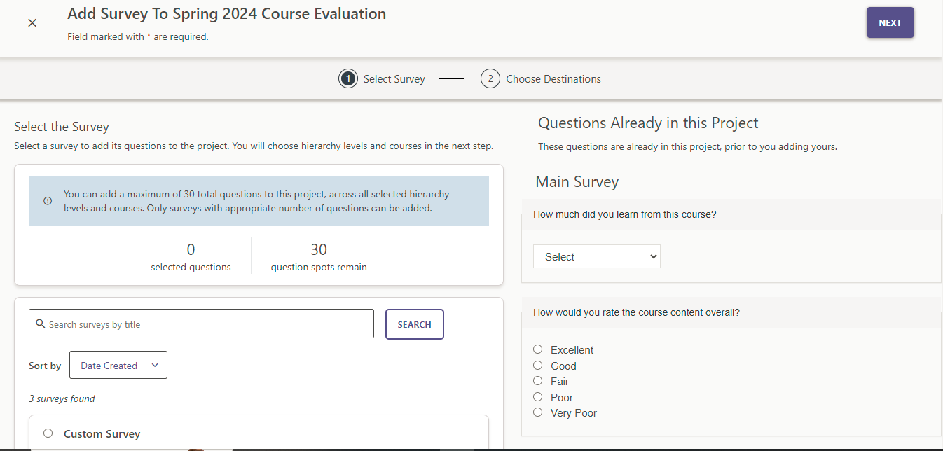 The Add Survey to Spring 2024 Course Evaluation page showing a split layout with survey selection and question limits on the left and existing project questions displayed on the right.