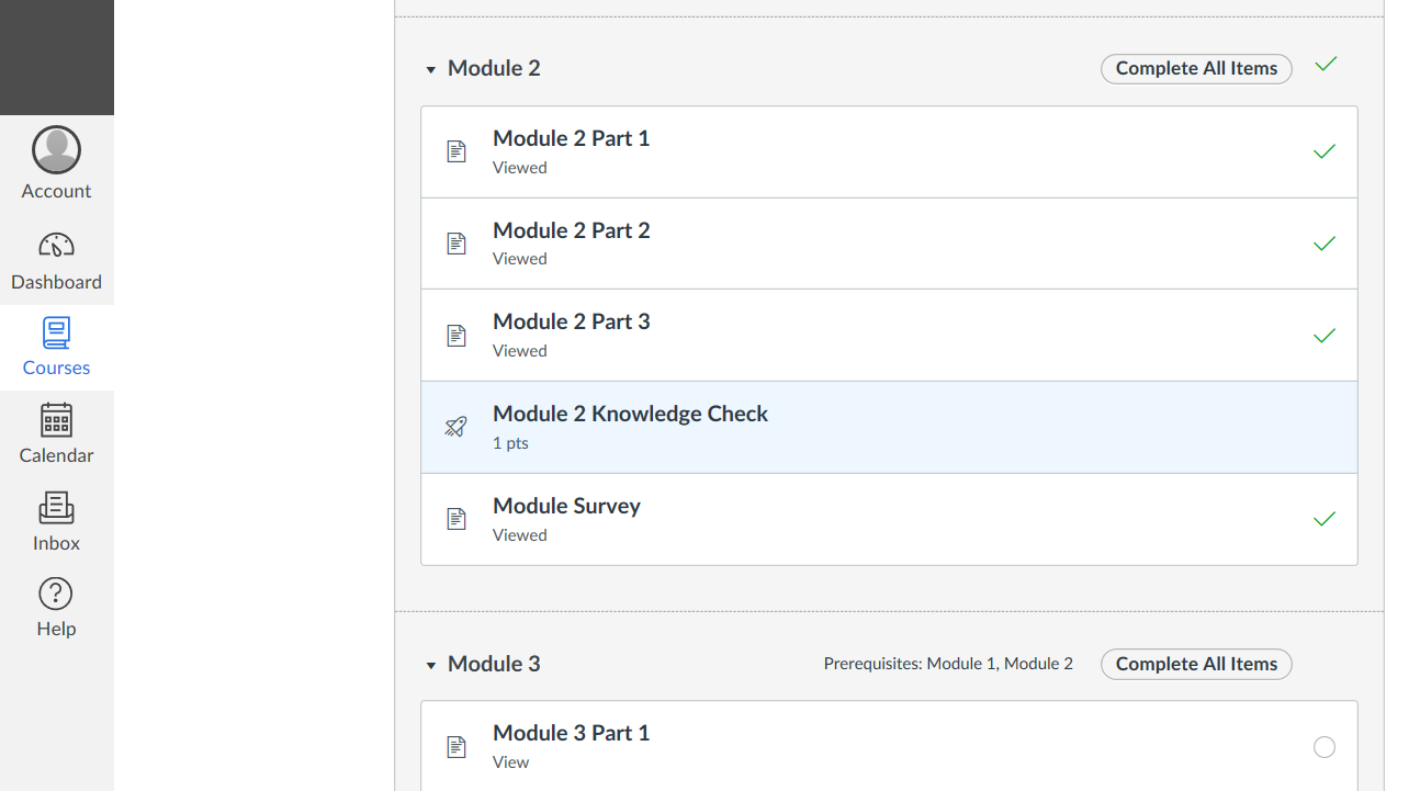 The Canvas course Modules page showing an expanded module with completed lesson items, a knowledge check, and progress indicators confirming module completion status.