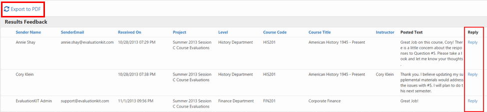 The Results Feedback page showing a table with columns for sender details, project, course information, posted text, and a Reply column. The top left showing an Export to PDF link. The right side of the table showing repeated Reply buttons.