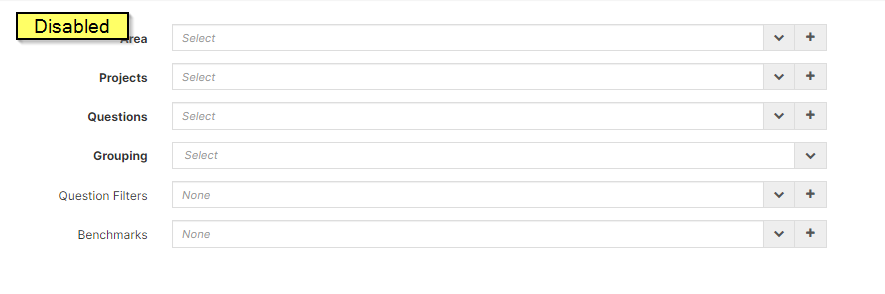The Report Builder 2.0 configuration showing fields for Area, Projects, Questions, Grouping, Question Filters, and Benchmarks disabled.