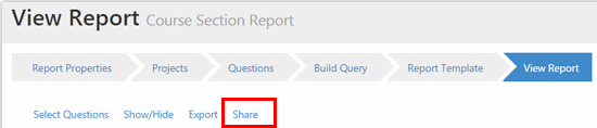 The View Report page showing navigation steps and action links for Select Questions, Show/Hide, Export, and Share, with Share highlighted.