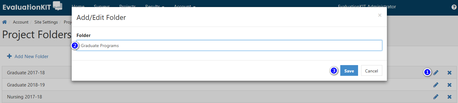 The Add/Edit Folder modal showing Folder field filled with ‘Graduate Programs’ and Save and Cancel buttons.