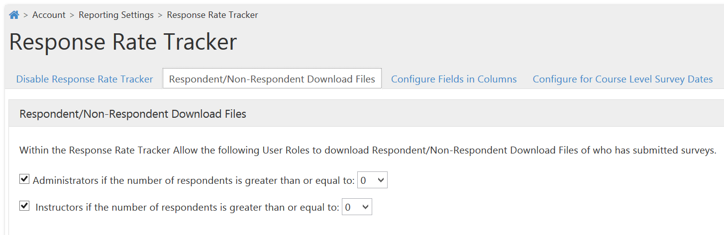 The Response Rate Tracker page showing tabs for Disable Response Rate Tracker, Respondent/Non‑Respondent Download Files, Configure Fields in Columns, and Configure for Course Level Survey Dates, with the Respondent/Non‑Respondent Download Files section displaying checkboxes for Administrators and Instructors with number‑of‑respondents threshold fields.