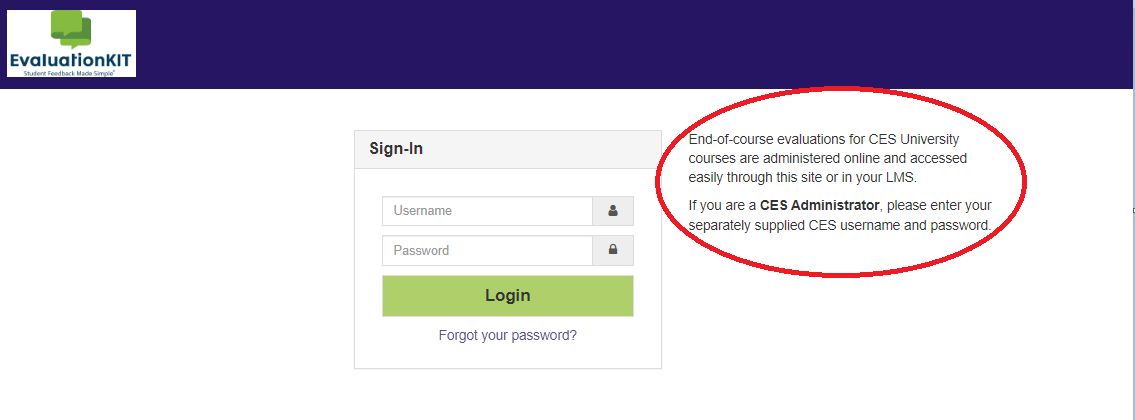A login page showing a sign‑in form with fields for username and password, along with a highlighted instructional message for CES users and administrators.