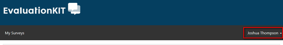A navigation header showing the EvaluationKIT logo and menu area with a highlighted section displaying the logged‑in user’s name.