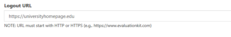 A logout URL settings section showing a field for entering a redirect URL and a note explaining the required HTTP or HTTPS format.