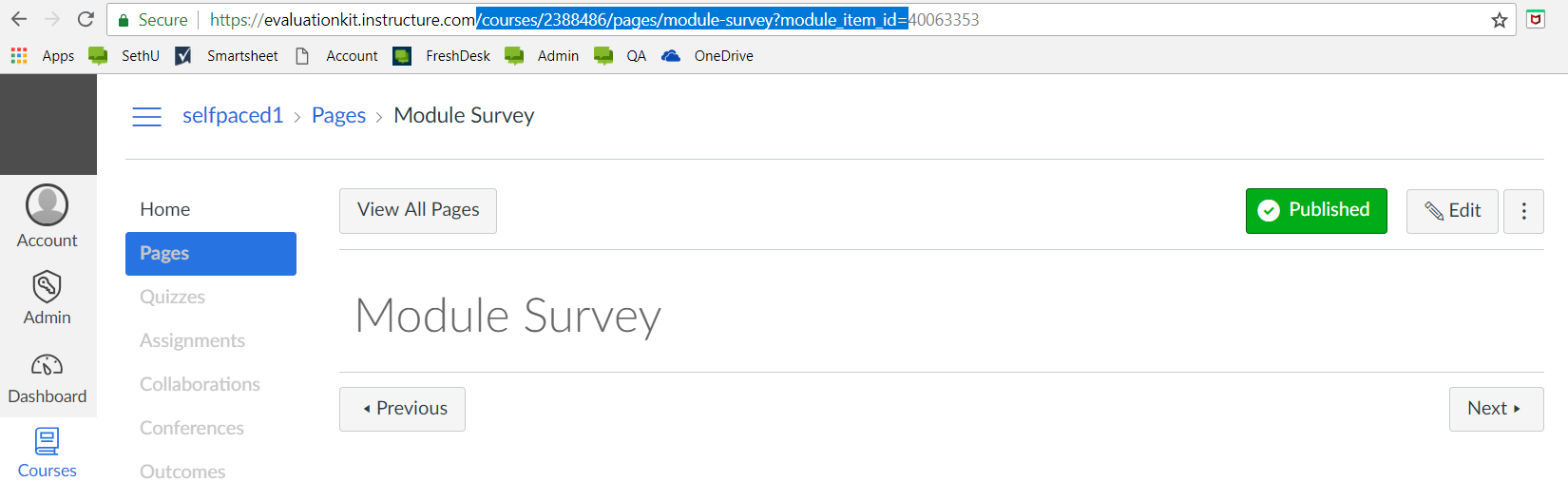 The Canvas course page showing a published 'Module Survey' page under the Pages section, with navigation links, page status controls, and Previous and Next buttons displayed.