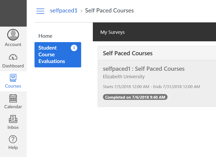 The self paced course surveys page showing the Student Course Evaluations section with a completed self paced course survey listed, including institution name, survey availability dates, and completion timestamp.