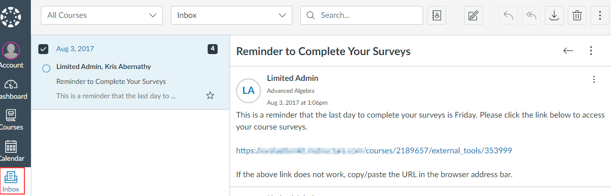 The Inbox view showing a message thread list on the left with a selected message titled Reminder to Complete Your Surveys and a toolbar at the top showing dropdowns for All Courses and Inbox, a search field, and action buttons. The right panel showing the message content from Limited Admin with a reminder note and a survey link. Inbox tab highlighted in the left navigation.