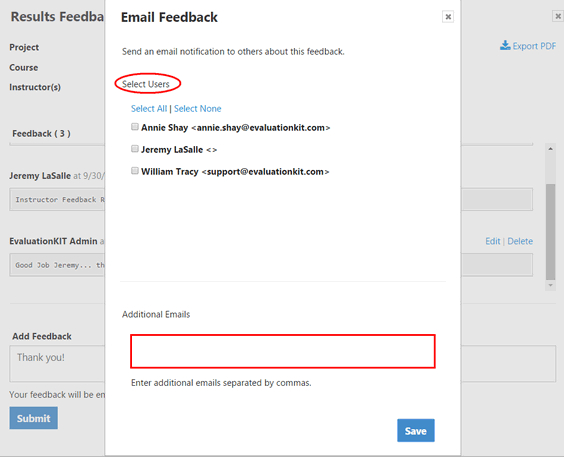 The Email Feedback popup showing a Select Users section with checkboxes for three recipients, links for Select All and Select None, an Additional Emails box highlighted below, and a Save button at the bottom.