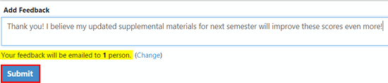 The Add Feedback section showing a typed message, a highlighted note stating your feedback will be emailed to 1 person with a Change link, and a Submit button outlined at the bottom.