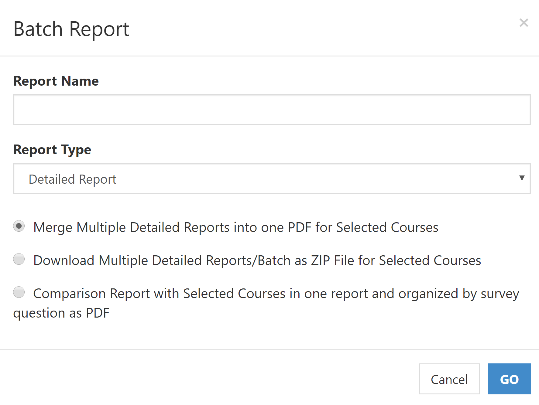 The Batch Report panel showing Report Name field, Report Type dropdown set to Detailed Report, and radio options for merging multiple detailed reports into one PDF, downloading reports as a ZIP file, and generating a comparison report. The panel showing Cancel and Go buttons at the bottom.