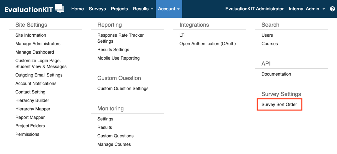 The Account menu page showing multiple sections including Site Settings, Reporting, Integrations, Search, API, and Survey Settings, with Survey Sort Order highlighted.