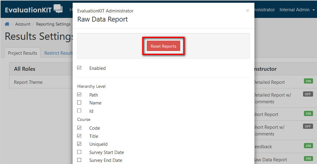 The Raw Data Report panel showing a Reset Reports button, an Enabled checkbox, and hierarchy‑level and course field checkboxes including Path, Name, Id, Code, Title, and UniqueId.