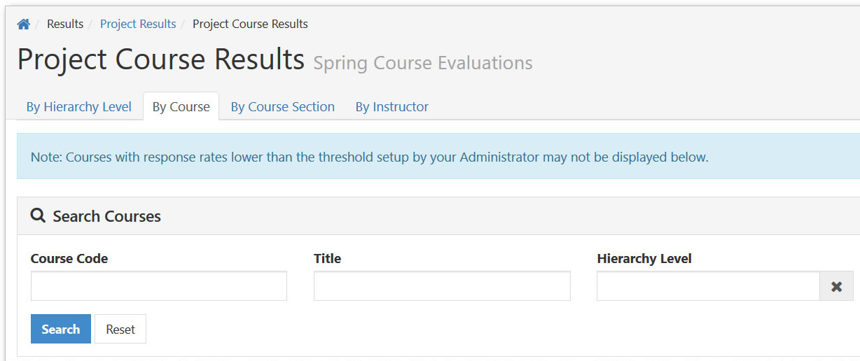 The Project Course Results page showing tabs for By Hierarchy Level, By Course, By Course Section, and By Instructor. The Search Courses section showing fields for Course Code, Title, and Hierarchy Level with Search and Reset buttons.