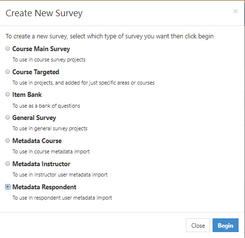 A survey creation page showing survey type options including Course Main Survey, Course Targeted, Item Bank, General Survey, Metadata Course, Metadata Instructor, and Metadata Respondent, with Metadata Respondent highlighted.