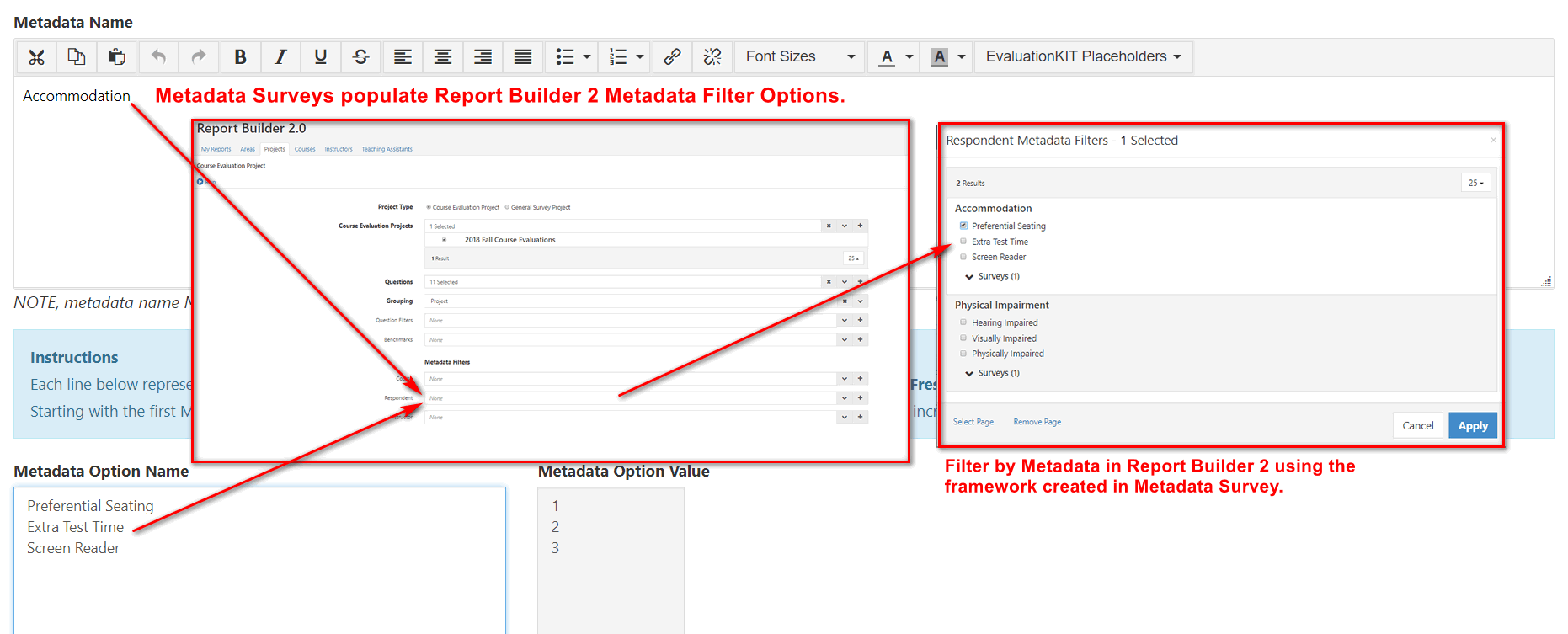 A metadata setup page showing the Metadata Name field, metadata option names with their values, and an example of how these metadata options appear as filter options in Report Builder 2.0.