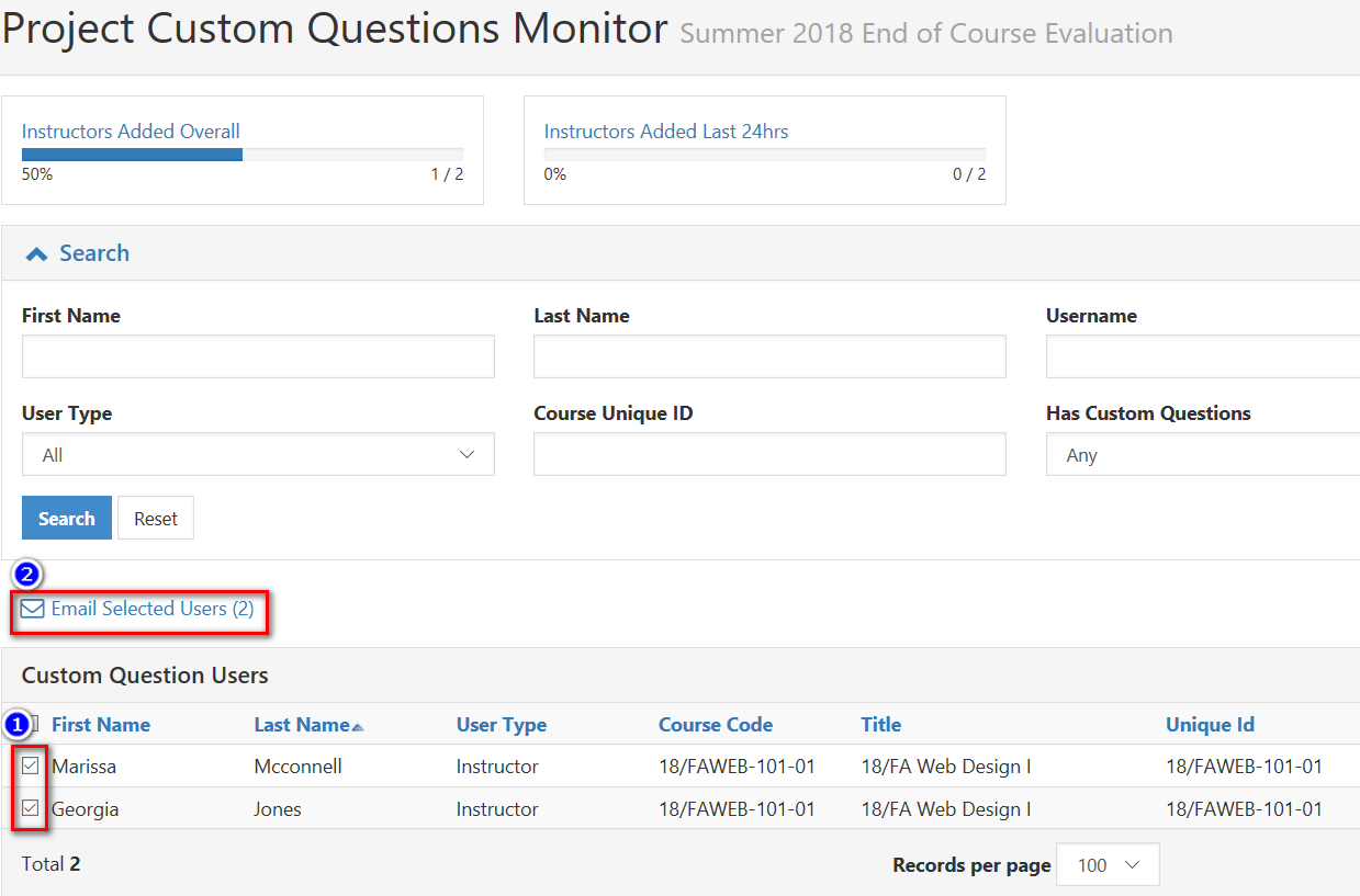A project custom questions monitor page showing search fields and a list of custom question users, with checkboxes next to each user and an Email Selected Users option highlighted.