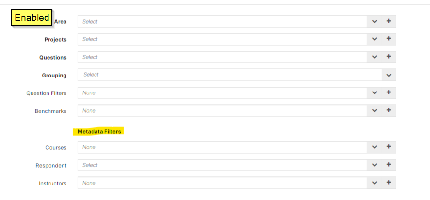 The Report Builder 2.0 configuration showing all fields for Area, Projects, Questions, Grouping, Question Filters, Benchmarks, and Metadata Filters enabled, with Courses, Respondent, and Instructors fields active.