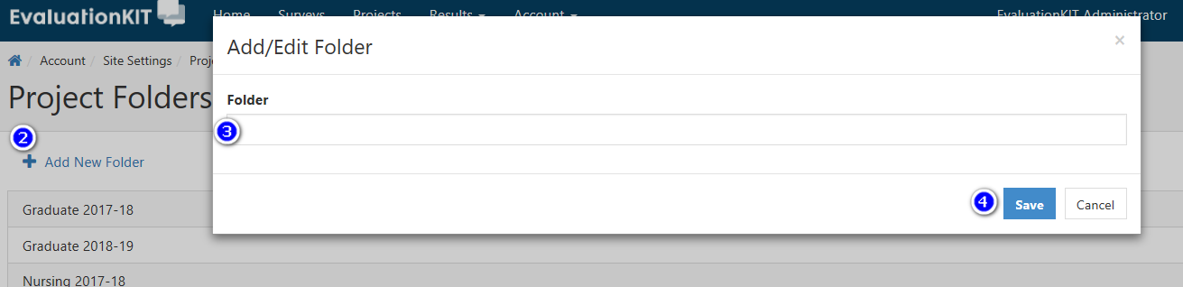 The Add/Edit Folder modal showing Folder field and Save and Cancel buttons.
