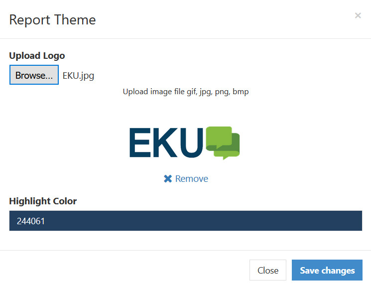 The Report Theme panel showing an Upload Logo section with a Browse button, the uploaded logo file name, a Remove option, a Highlight Color field displaying a color value, and Close and Save changes buttons.