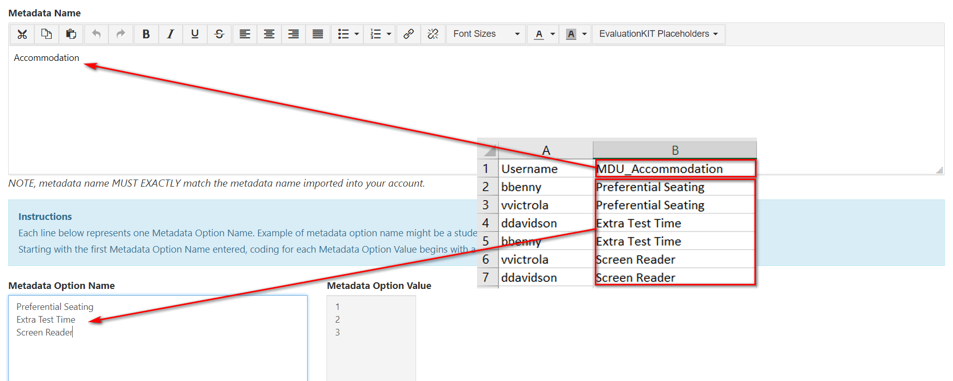 A metadata setup page showing the Metadata Name field labeled Accommodation and metadata option names with corresponding option values, with the Metadata Name field and spreadsheet values highlighted.