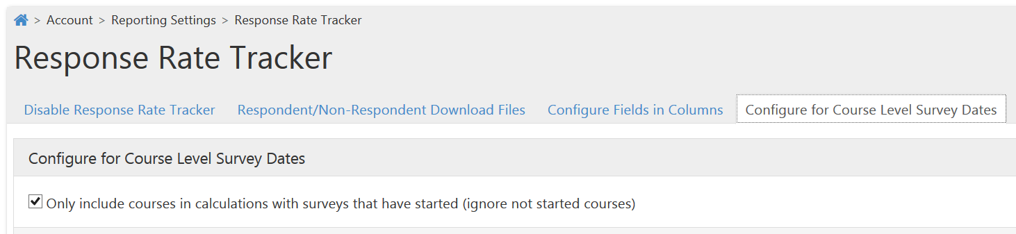 The Response Rate Tracker page showing the Configure for Course Level Survey Dates tab with an option to include only courses whose surveys have started, displayed as a checked checkbox with explanatory text.