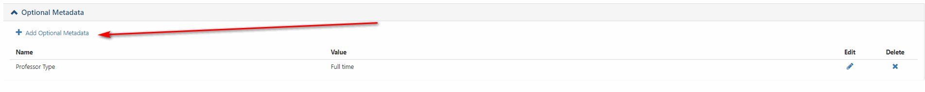 An optional metadata section showing a list of metadata entries and an Add Optional Metadata link highlighted.