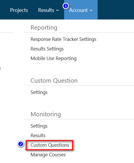 An account menu showing reporting, custom question, and monitoring options, with Custom Questions highlighted.
