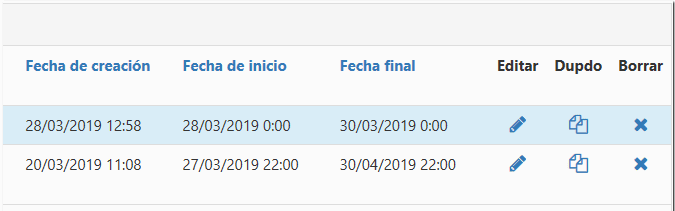 A survey listing table showing columns titled ‘Fecha de creación,’ ‘Fecha de inicio,’ ‘Fecha final,’ ‘Editar,’ ‘Dupdo,’ and ‘Borrar,’ with two survey records displayed.