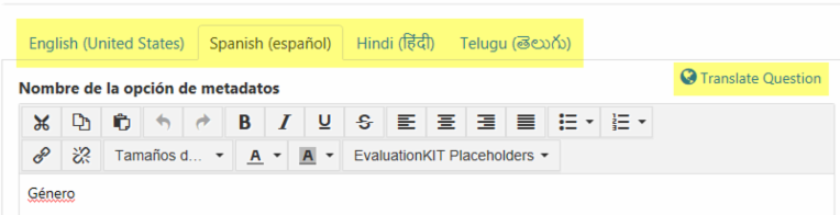 A metadata option page showing language tabs for English (United States), Spanish (español), Hindi (हिंदी), and Telugu (తెలుగు), a Translate Question button, and a field labeled ‘Nombre de la opción de metadatos’ showing the text ‘Género'.